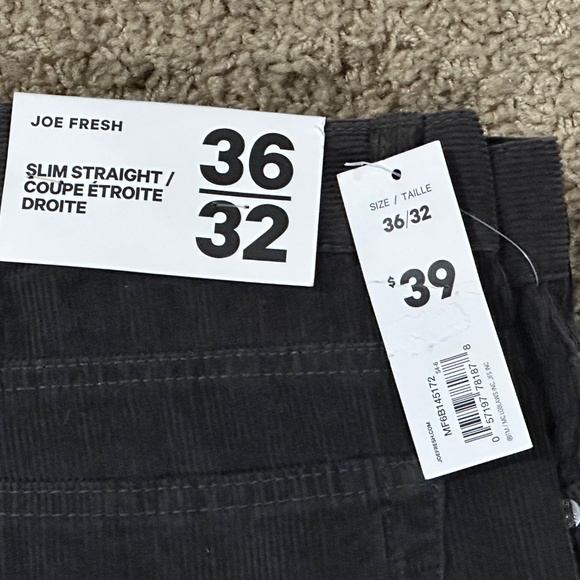 NWT Men's Joe Fresh Charcoal Grey Cords 36 x 32 Slim Straight Fit - Picture 2 of 2